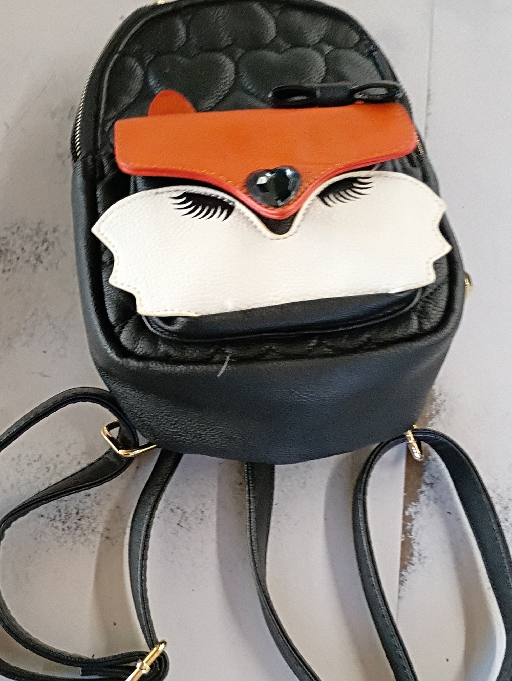 Black Faux Leather Fox Face Mini Backpack with Orange Accent